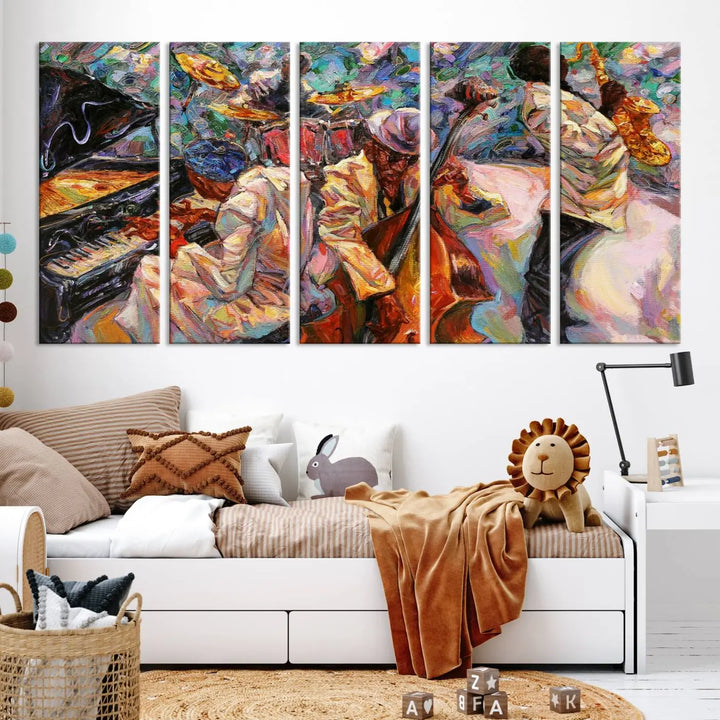 The African American Jazz Art Music Abstract Wall Art Painting Canvas Wall Art features vibrant images of jazz musicians playing the piano, upright bass, and saxophone.