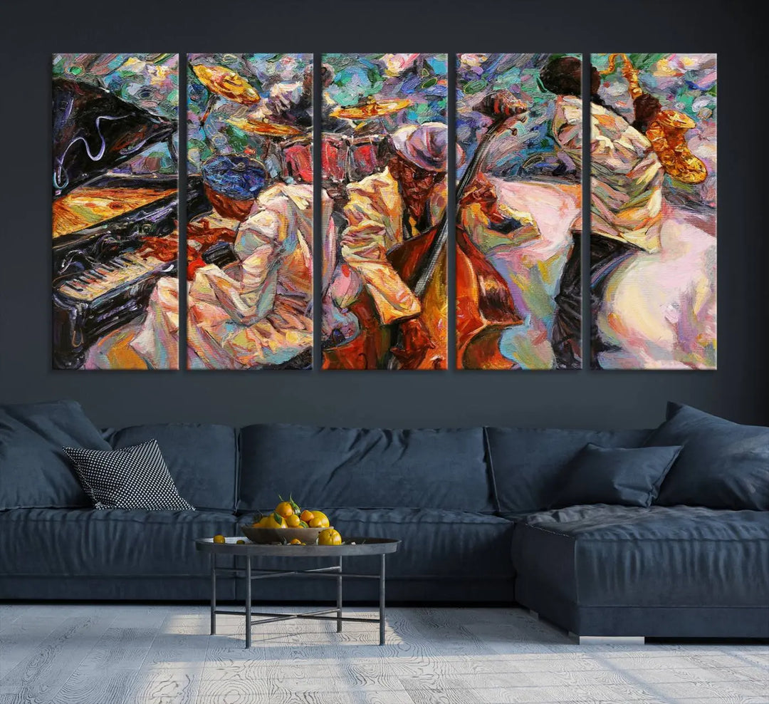 The African American Jazz Art Music Abstract Wall Art Painting Canvas Wall Art features vibrant images of jazz musicians playing the piano, upright bass, and saxophone.