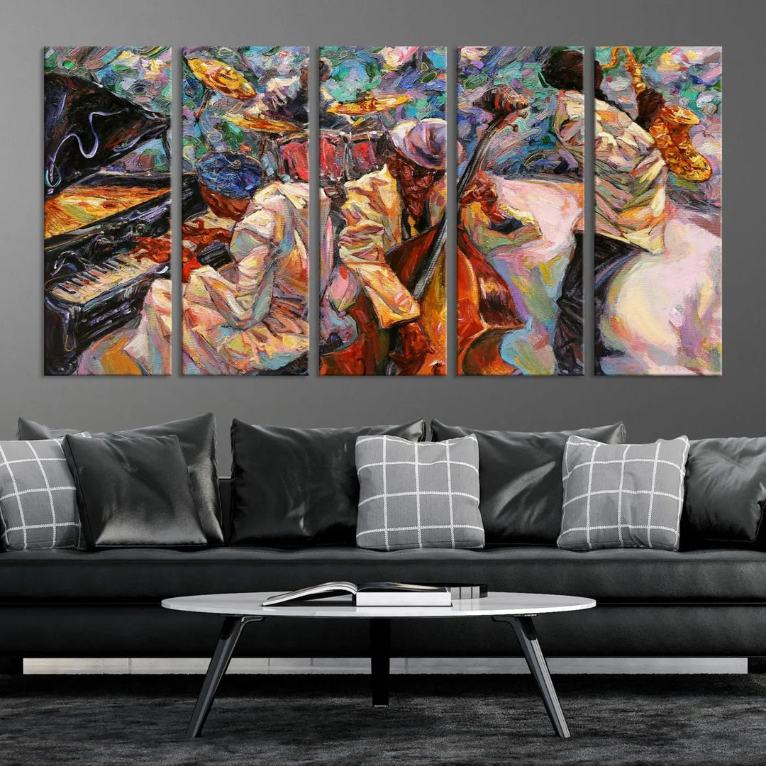 The African American Jazz Art Music Abstract Wall Art Painting Canvas Wall Art features vibrant images of jazz musicians playing the piano, upright bass, and saxophone.