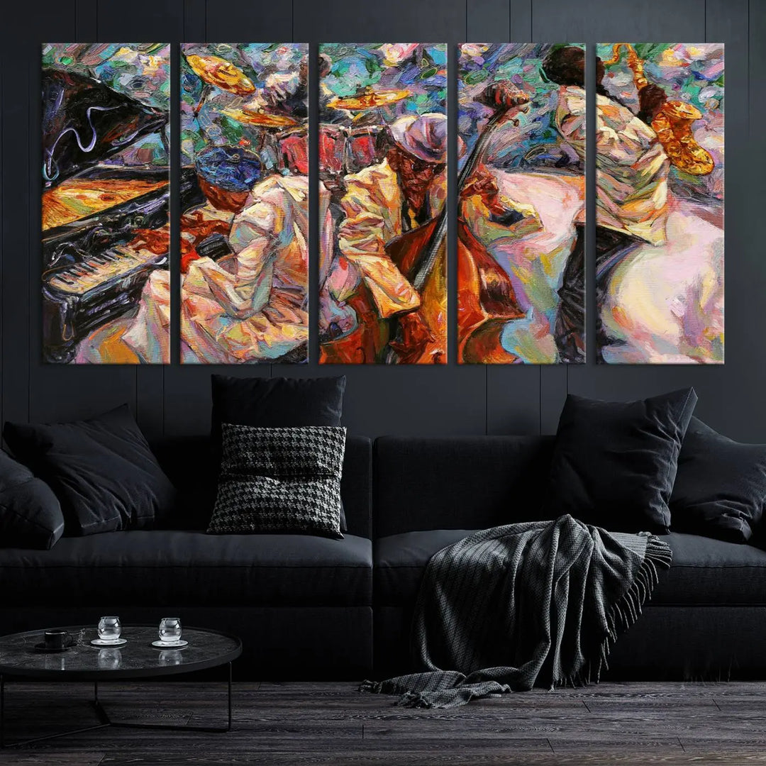 The African American Jazz Art Music Abstract Wall Art Painting Canvas Wall Art features vibrant images of jazz musicians playing the piano, upright bass, and saxophone.