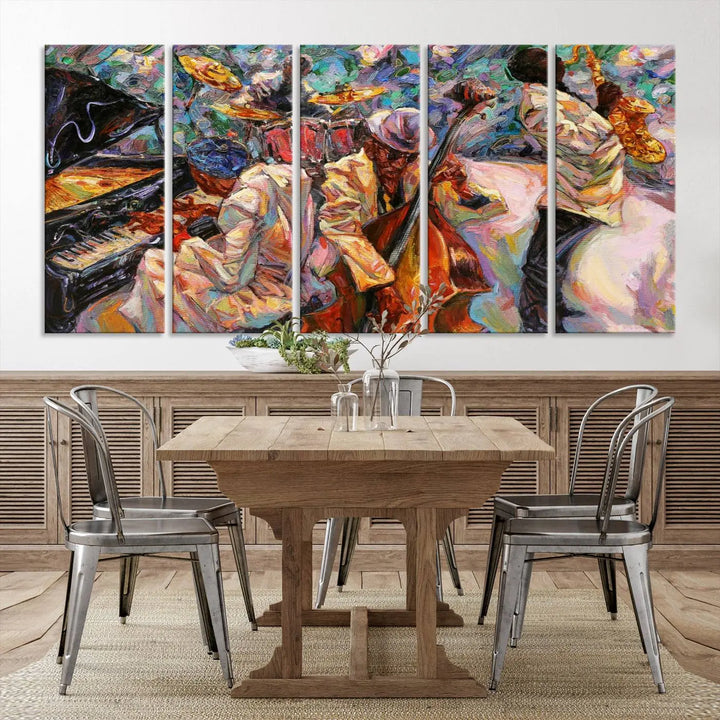 The African American Jazz Art Music Abstract Wall Art Painting Canvas Wall Art features vibrant images of jazz musicians playing the piano, upright bass, and saxophone.