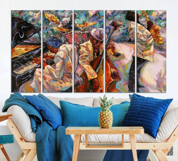 The African American Jazz Art Music Abstract Wall Art Painting Canvas Wall Art features vibrant images of jazz musicians playing the piano, upright bass, and saxophone.