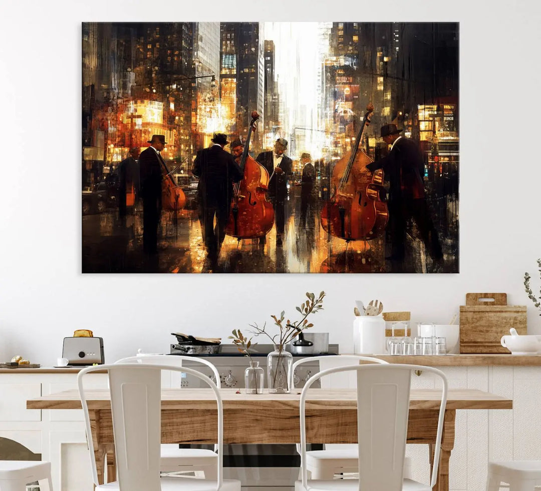 An Abstract Jazz Art Canvas Print adorns the wall.