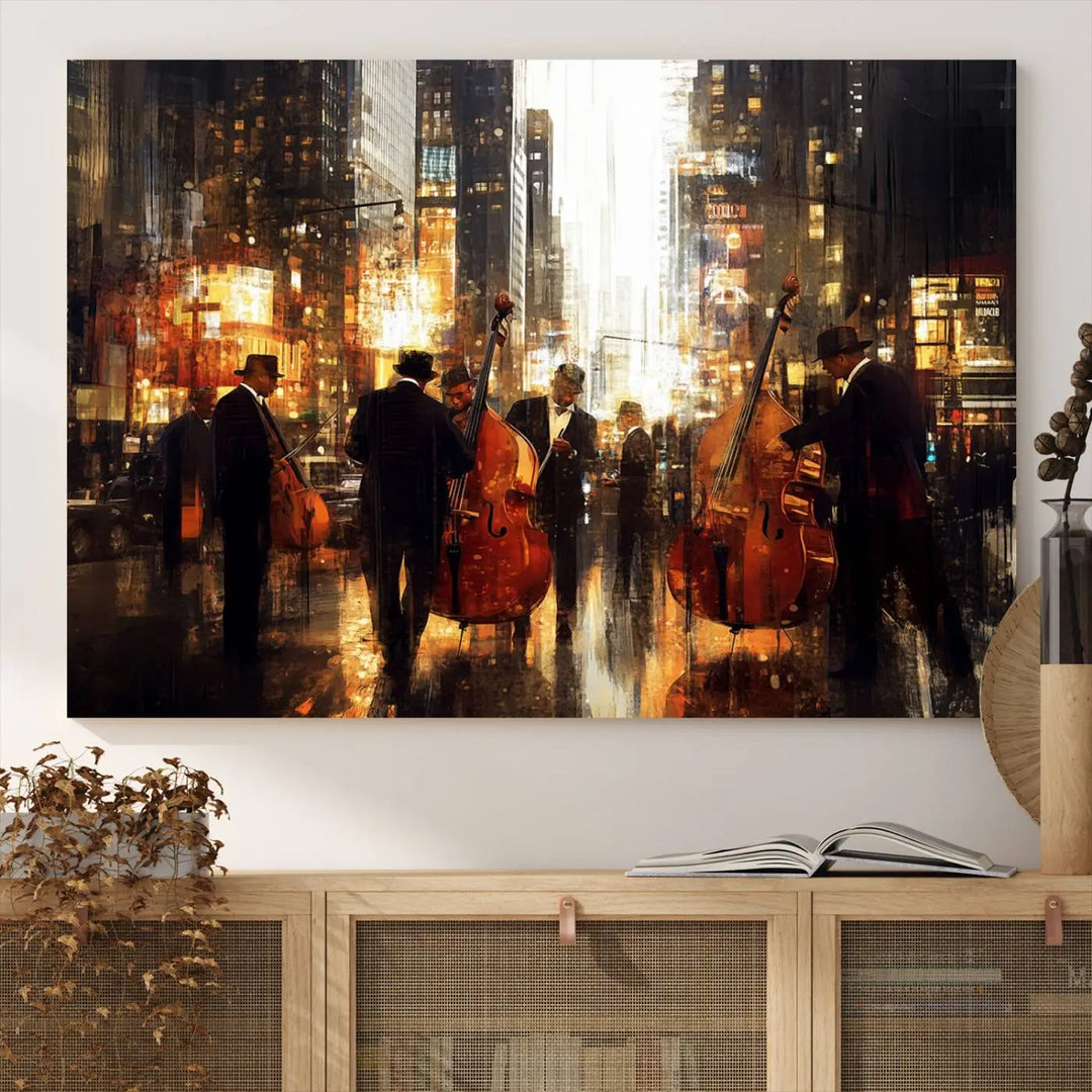 An Abstract Jazz Art Canvas Print adorns the wall.