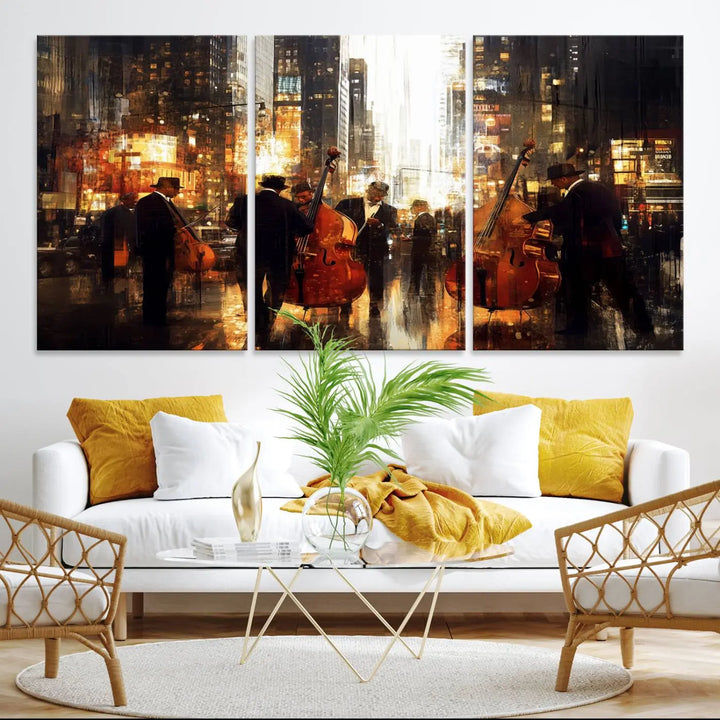 An Abstract Jazz Art Canvas Print adorns the wall.