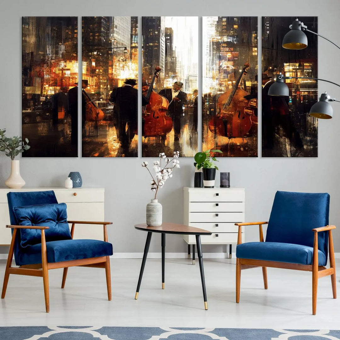 An Abstract Jazz Art Canvas Print adorns the wall.