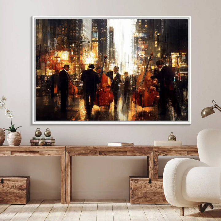 An Abstract Jazz Art Canvas Print adorns the wall.