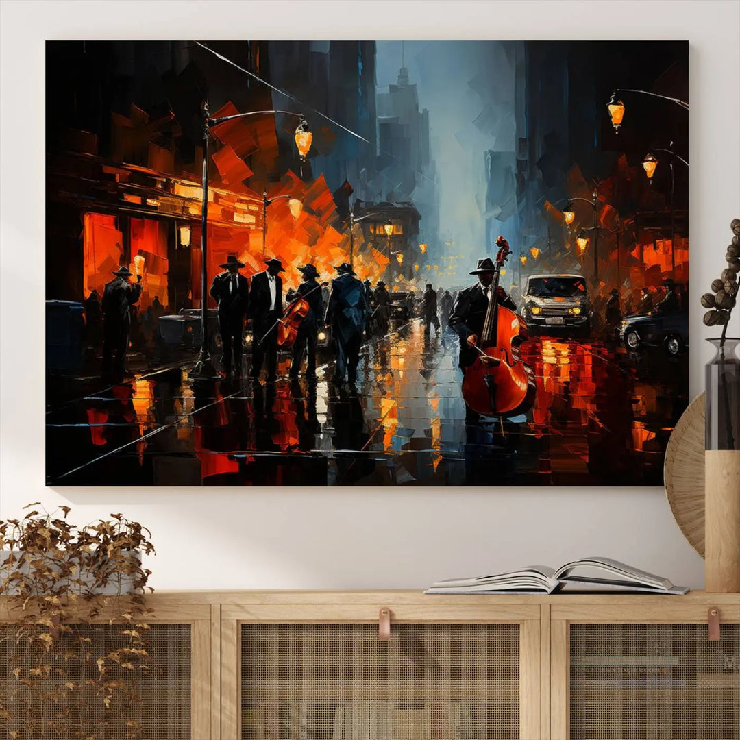 The Framed Abstract Music Canvas elevates the modern living room with vibrant African American Jazz Art.