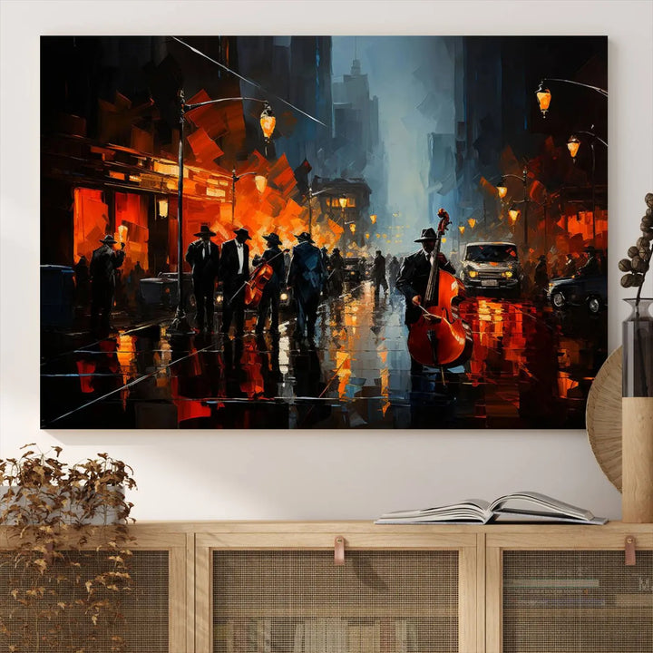 The Framed Abstract Music Canvas elevates the modern living room with vibrant African American Jazz Art.