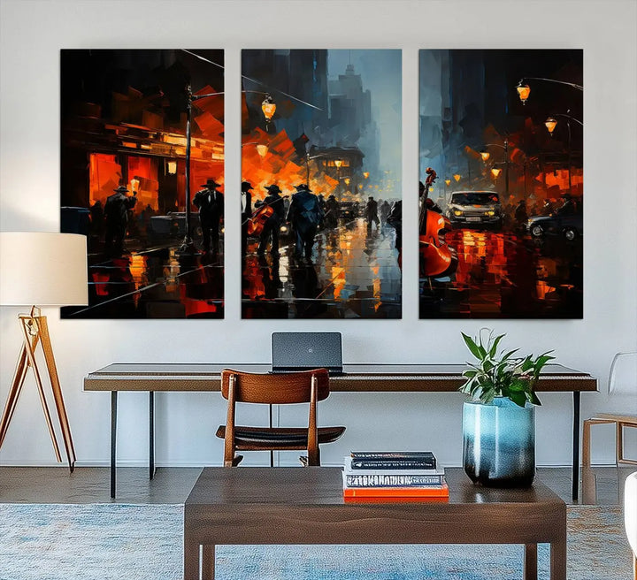 The Framed Abstract Music Canvas elevates the modern living room with vibrant African American Jazz Art.