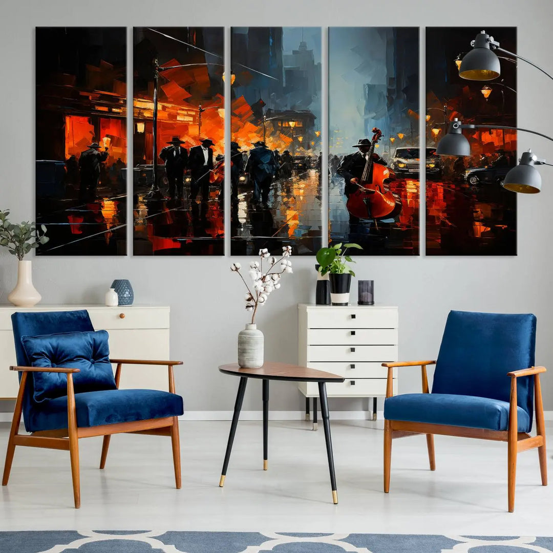 The Framed Abstract Music Canvas elevates the modern living room with vibrant African American Jazz Art.