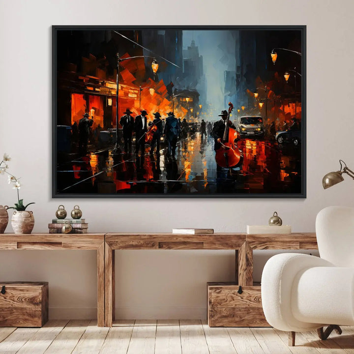 The Framed Abstract Music Canvas elevates the modern living room with vibrant African American Jazz Art.