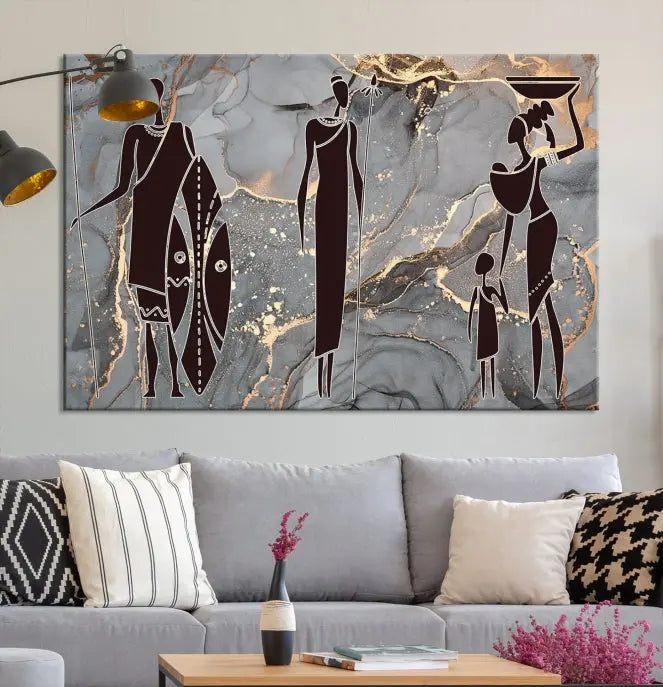 Discover the "African American Wall Art: African Women Painting Canvas Print," a stunning triptych that showcases silhouettes of African figures against abstract marble backgrounds in elegant gray and gold hues. This piece is crafted on museum-quality canvas, with each panel expertly gallery wrapped and coated with a UV-protective finish for long-lasting brilliance.