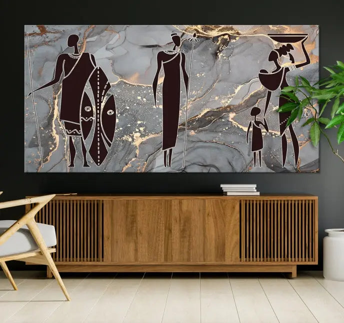 Discover the "African American Wall Art: African Women Painting Canvas Print," a stunning triptych that showcases silhouettes of African figures against abstract marble backgrounds in elegant gray and gold hues. This piece is crafted on museum-quality canvas, with each panel expertly gallery wrapped and coated with a UV-protective finish for long-lasting brilliance.