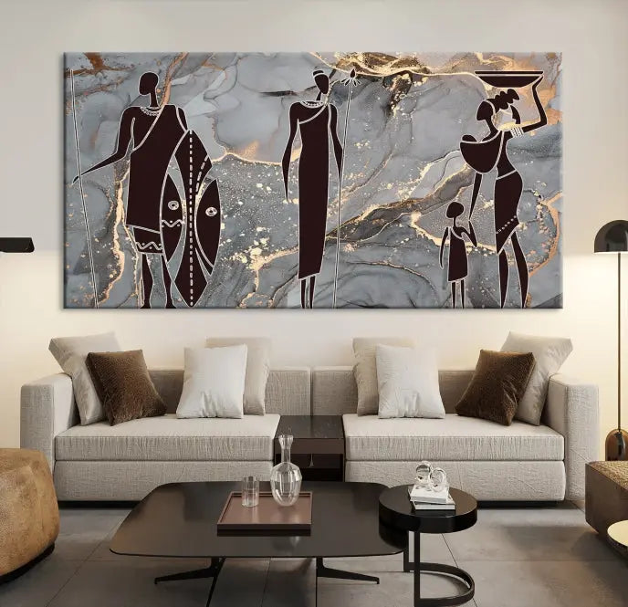 Discover the "African American Wall Art: African Women Painting Canvas Print," a stunning triptych that showcases silhouettes of African figures against abstract marble backgrounds in elegant gray and gold hues. This piece is crafted on museum-quality canvas, with each panel expertly gallery wrapped and coated with a UV-protective finish for long-lasting brilliance.