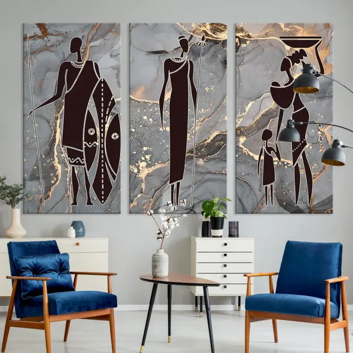 Discover the "African American Wall Art: African Women Painting Canvas Print," a stunning triptych that showcases silhouettes of African figures against abstract marble backgrounds in elegant gray and gold hues. This piece is crafted on museum-quality canvas, with each panel expertly gallery wrapped and coated with a UV-protective finish for long-lasting brilliance.