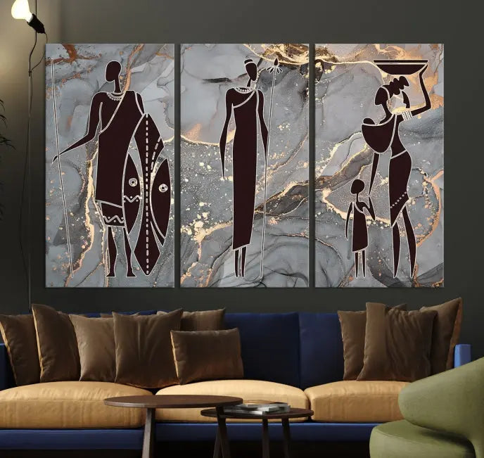 Discover the "African American Wall Art: African Women Painting Canvas Print," a stunning triptych that showcases silhouettes of African figures against abstract marble backgrounds in elegant gray and gold hues. This piece is crafted on museum-quality canvas, with each panel expertly gallery wrapped and coated with a UV-protective finish for long-lasting brilliance.