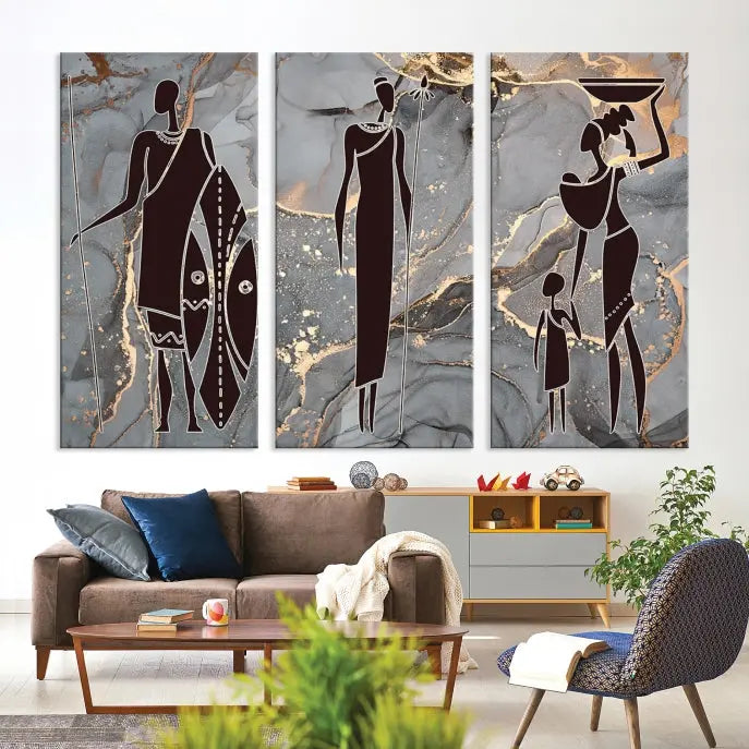 Discover the "African American Wall Art: African Women Painting Canvas Print," a stunning triptych that showcases silhouettes of African figures against abstract marble backgrounds in elegant gray and gold hues. This piece is crafted on museum-quality canvas, with each panel expertly gallery wrapped and coated with a UV-protective finish for long-lasting brilliance.