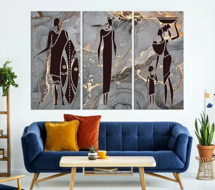 Discover the "African American Wall Art: African Women Painting Canvas Print," a stunning triptych that showcases silhouettes of African figures against abstract marble backgrounds in elegant gray and gold hues. This piece is crafted on museum-quality canvas, with each panel expertly gallery wrapped and coated with a UV-protective finish for long-lasting brilliance.