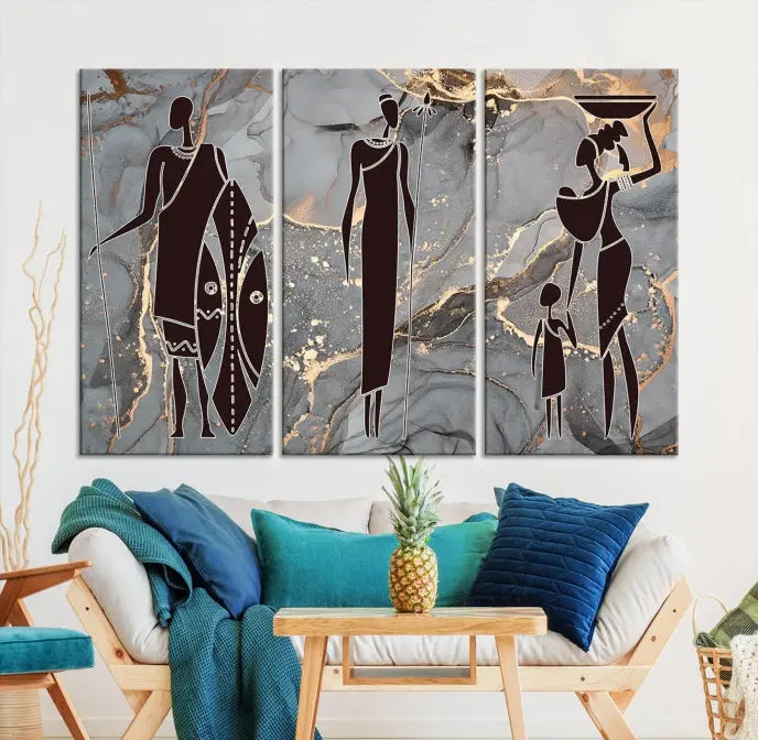 Discover the "African American Wall Art: African Women Painting Canvas Print," a stunning triptych that showcases silhouettes of African figures against abstract marble backgrounds in elegant gray and gold hues. This piece is crafted on museum-quality canvas, with each panel expertly gallery wrapped and coated with a UV-protective finish for long-lasting brilliance.