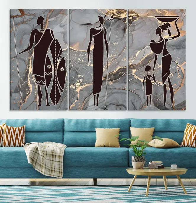 Discover the "African American Wall Art: African Women Painting Canvas Print," a stunning triptych that showcases silhouettes of African figures against abstract marble backgrounds in elegant gray and gold hues. This piece is crafted on museum-quality canvas, with each panel expertly gallery wrapped and coated with a UV-protective finish for long-lasting brilliance.