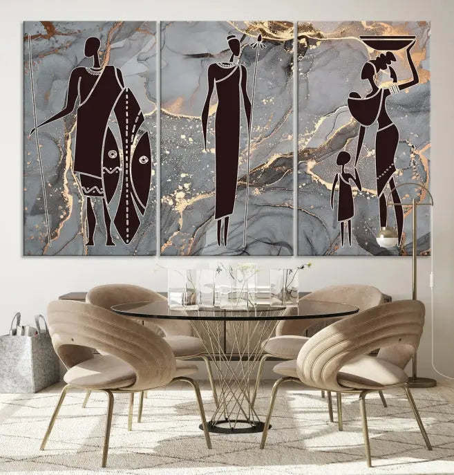 Discover the "African American Wall Art: African Women Painting Canvas Print," a stunning triptych that showcases silhouettes of African figures against abstract marble backgrounds in elegant gray and gold hues. This piece is crafted on museum-quality canvas, with each panel expertly gallery wrapped and coated with a UV-protective finish for long-lasting brilliance.