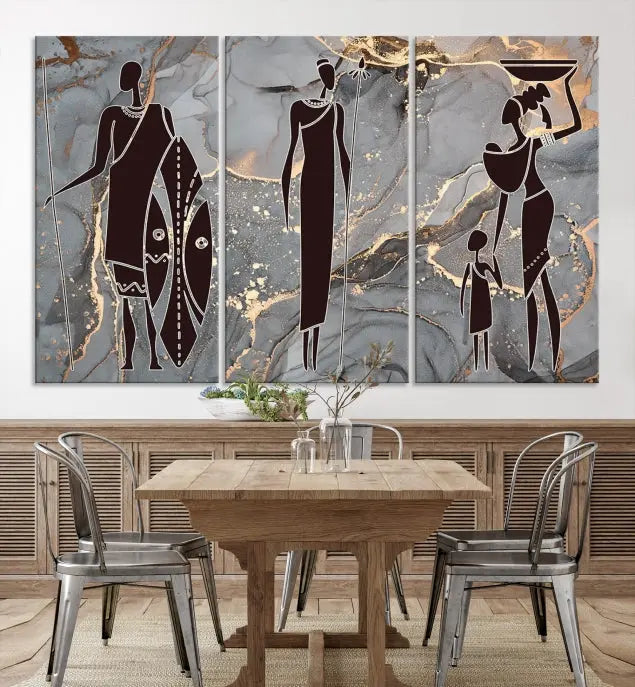 Discover the "African American Wall Art: African Women Painting Canvas Print," a stunning triptych that showcases silhouettes of African figures against abstract marble backgrounds in elegant gray and gold hues. This piece is crafted on museum-quality canvas, with each panel expertly gallery wrapped and coated with a UV-protective finish for long-lasting brilliance.