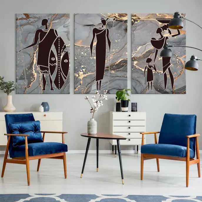 Discover the "African American Wall Art: African Women Painting Canvas Print," a stunning triptych that showcases silhouettes of African figures against abstract marble backgrounds in elegant gray and gold hues. This piece is crafted on museum-quality canvas, with each panel expertly gallery wrapped and coated with a UV-protective finish for long-lasting brilliance.