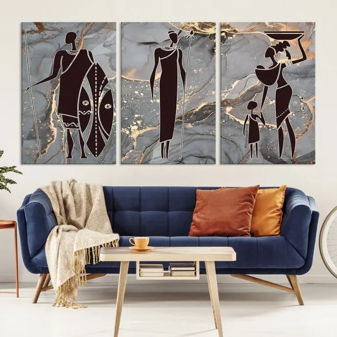 Discover the "African American Wall Art: African Women Painting Canvas Print," a stunning triptych that showcases silhouettes of African figures against abstract marble backgrounds in elegant gray and gold hues. This piece is crafted on museum-quality canvas, with each panel expertly gallery wrapped and coated with a UV-protective finish for long-lasting brilliance.