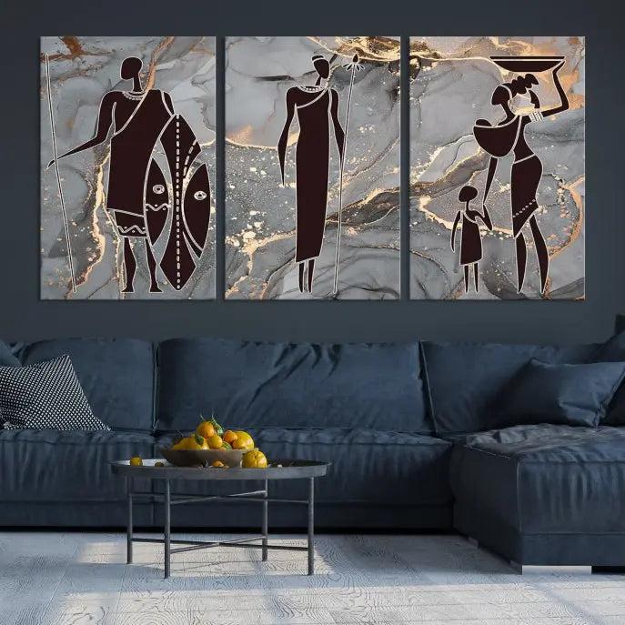 Discover the "African American Wall Art: African Women Painting Canvas Print," a stunning triptych that showcases silhouettes of African figures against abstract marble backgrounds in elegant gray and gold hues. This piece is crafted on museum-quality canvas, with each panel expertly gallery wrapped and coated with a UV-protective finish for long-lasting brilliance.