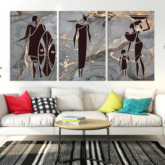 Discover the "African American Wall Art: African Women Painting Canvas Print," a stunning triptych that showcases silhouettes of African figures against abstract marble backgrounds in elegant gray and gold hues. This piece is crafted on museum-quality canvas, with each panel expertly gallery wrapped and coated with a UV-protective finish for long-lasting brilliance.