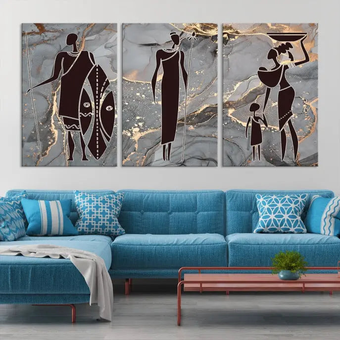 Discover the "African American Wall Art: African Women Painting Canvas Print," a stunning triptych that showcases silhouettes of African figures against abstract marble backgrounds in elegant gray and gold hues. This piece is crafted on museum-quality canvas, with each panel expertly gallery wrapped and coated with a UV-protective finish for long-lasting brilliance.