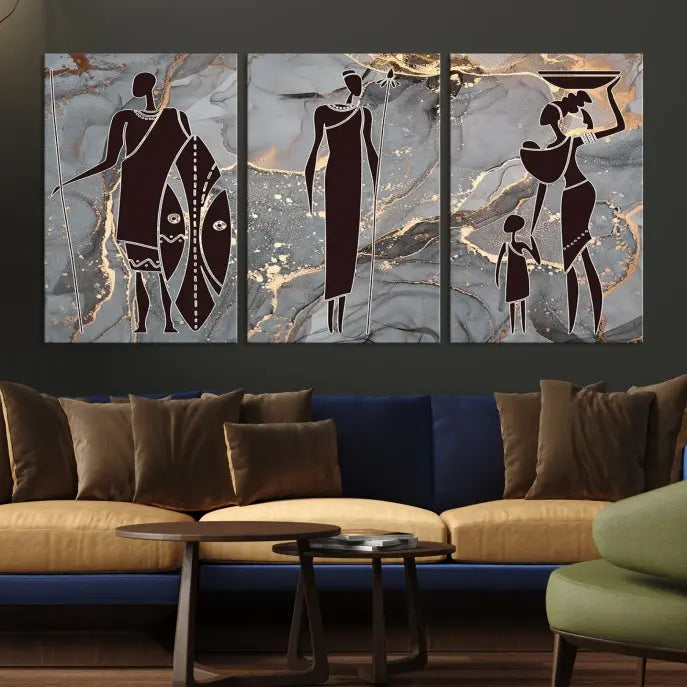 Discover the "African American Wall Art: African Women Painting Canvas Print," a stunning triptych that showcases silhouettes of African figures against abstract marble backgrounds in elegant gray and gold hues. This piece is crafted on museum-quality canvas, with each panel expertly gallery wrapped and coated with a UV-protective finish for long-lasting brilliance.