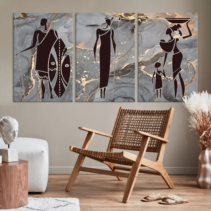 Discover the "African American Wall Art: African Women Painting Canvas Print," a stunning triptych that showcases silhouettes of African figures against abstract marble backgrounds in elegant gray and gold hues. This piece is crafted on museum-quality canvas, with each panel expertly gallery wrapped and coated with a UV-protective finish for long-lasting brilliance.