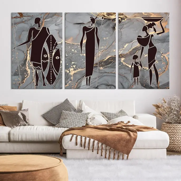 Discover the "African American Wall Art: African Women Painting Canvas Print," a stunning triptych that showcases silhouettes of African figures against abstract marble backgrounds in elegant gray and gold hues. This piece is crafted on museum-quality canvas, with each panel expertly gallery wrapped and coated with a UV-protective finish for long-lasting brilliance.