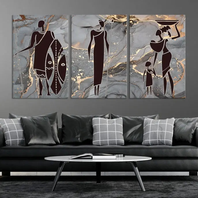 Discover the "African American Wall Art: African Women Painting Canvas Print," a stunning triptych that showcases silhouettes of African figures against abstract marble backgrounds in elegant gray and gold hues. This piece is crafted on museum-quality canvas, with each panel expertly gallery wrapped and coated with a UV-protective finish for long-lasting brilliance.