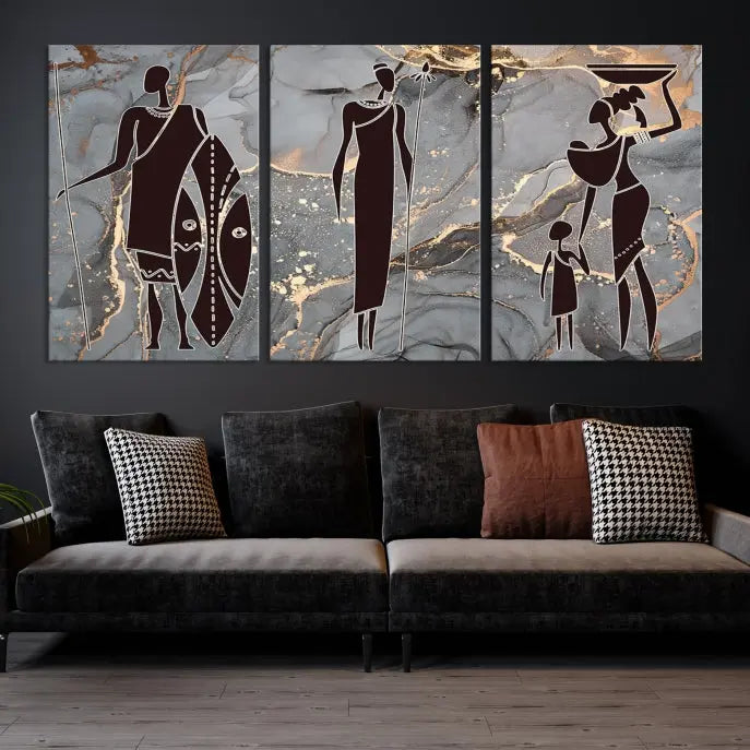 Discover the "African American Wall Art: African Women Painting Canvas Print," a stunning triptych that showcases silhouettes of African figures against abstract marble backgrounds in elegant gray and gold hues. This piece is crafted on museum-quality canvas, with each panel expertly gallery wrapped and coated with a UV-protective finish for long-lasting brilliance.