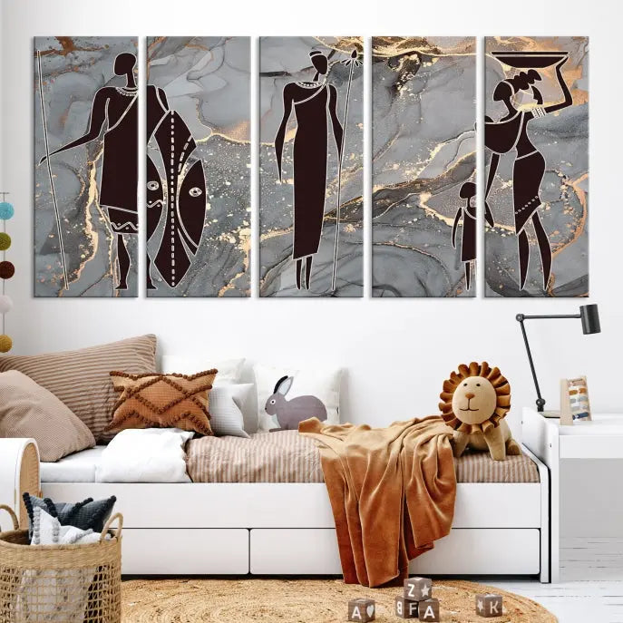 Discover the "African American Wall Art: African Women Painting Canvas Print," a stunning triptych that showcases silhouettes of African figures against abstract marble backgrounds in elegant gray and gold hues. This piece is crafted on museum-quality canvas, with each panel expertly gallery wrapped and coated with a UV-protective finish for long-lasting brilliance.