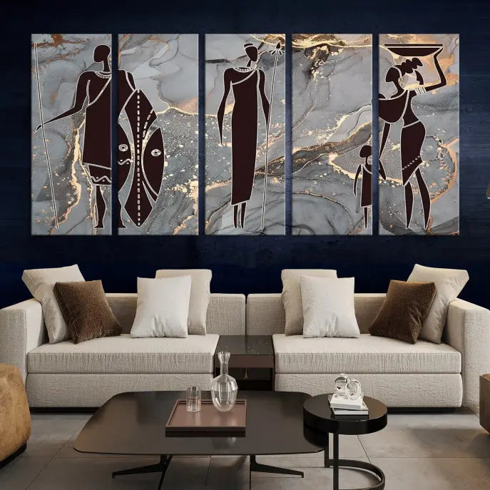 Discover the "African American Wall Art: African Women Painting Canvas Print," a stunning triptych that showcases silhouettes of African figures against abstract marble backgrounds in elegant gray and gold hues. This piece is crafted on museum-quality canvas, with each panel expertly gallery wrapped and coated with a UV-protective finish for long-lasting brilliance.