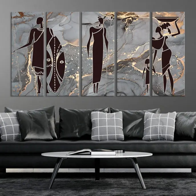 Discover the "African American Wall Art: African Women Painting Canvas Print," a stunning triptych that showcases silhouettes of African figures against abstract marble backgrounds in elegant gray and gold hues. This piece is crafted on museum-quality canvas, with each panel expertly gallery wrapped and coated with a UV-protective finish for long-lasting brilliance.