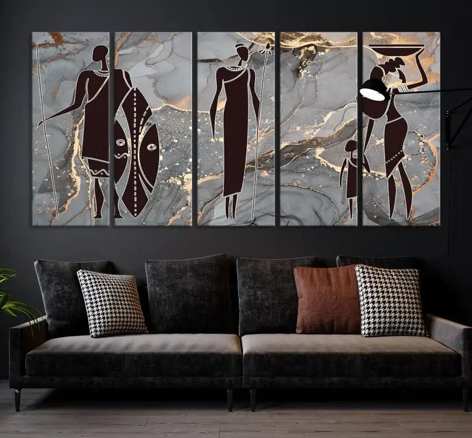 Discover the "African American Wall Art: African Women Painting Canvas Print," a stunning triptych that showcases silhouettes of African figures against abstract marble backgrounds in elegant gray and gold hues. This piece is crafted on museum-quality canvas, with each panel expertly gallery wrapped and coated with a UV-protective finish for long-lasting brilliance.