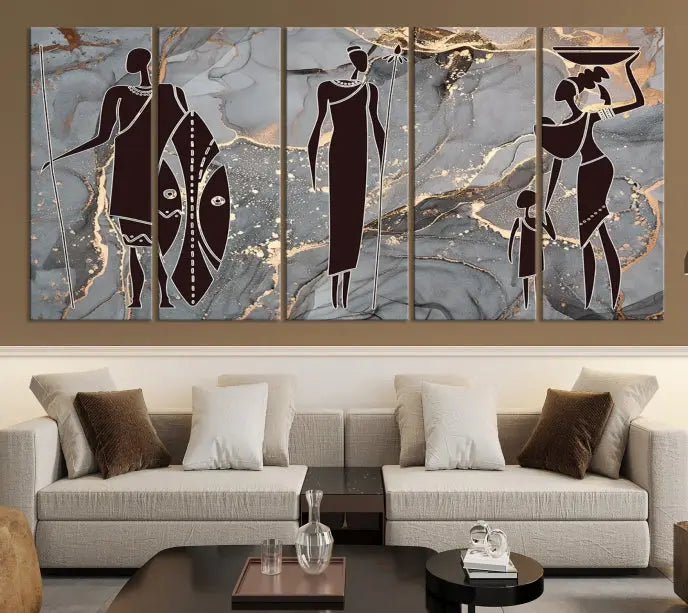 Discover the "African American Wall Art: African Women Painting Canvas Print," a stunning triptych that showcases silhouettes of African figures against abstract marble backgrounds in elegant gray and gold hues. This piece is crafted on museum-quality canvas, with each panel expertly gallery wrapped and coated with a UV-protective finish for long-lasting brilliance.