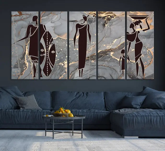 Discover the "African American Wall Art: African Women Painting Canvas Print," a stunning triptych that showcases silhouettes of African figures against abstract marble backgrounds in elegant gray and gold hues. This piece is crafted on museum-quality canvas, with each panel expertly gallery wrapped and coated with a UV-protective finish for long-lasting brilliance.