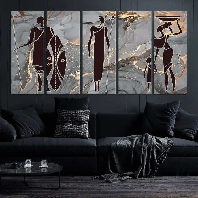 Discover the "African American Wall Art: African Women Painting Canvas Print," a stunning triptych that showcases silhouettes of African figures against abstract marble backgrounds in elegant gray and gold hues. This piece is crafted on museum-quality canvas, with each panel expertly gallery wrapped and coated with a UV-protective finish for long-lasting brilliance.