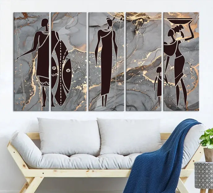 Discover the "African American Wall Art: African Women Painting Canvas Print," a stunning triptych that showcases silhouettes of African figures against abstract marble backgrounds in elegant gray and gold hues. This piece is crafted on museum-quality canvas, with each panel expertly gallery wrapped and coated with a UV-protective finish for long-lasting brilliance.