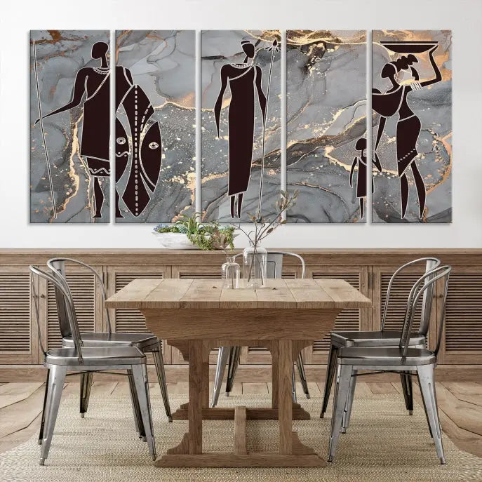 Discover the "African American Wall Art: African Women Painting Canvas Print," a stunning triptych that showcases silhouettes of African figures against abstract marble backgrounds in elegant gray and gold hues. This piece is crafted on museum-quality canvas, with each panel expertly gallery wrapped and coated with a UV-protective finish for long-lasting brilliance.