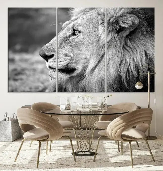 An African Lion Wall Art Canvas Print, featuring a black and white triptych of the lion's profile, is displayed above the modern couch.