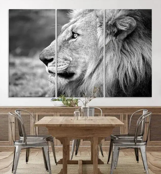 An African Lion Wall Art Canvas Print, featuring a black and white triptych of the lion's profile, is displayed above the modern couch.