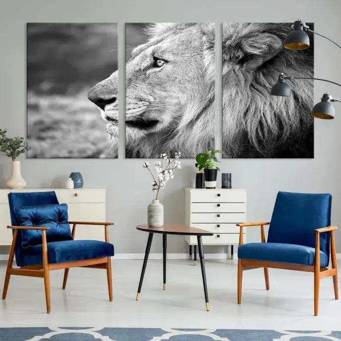 An African Lion Wall Art Canvas Print, featuring a black and white triptych of the lion's profile, is displayed above the modern couch.