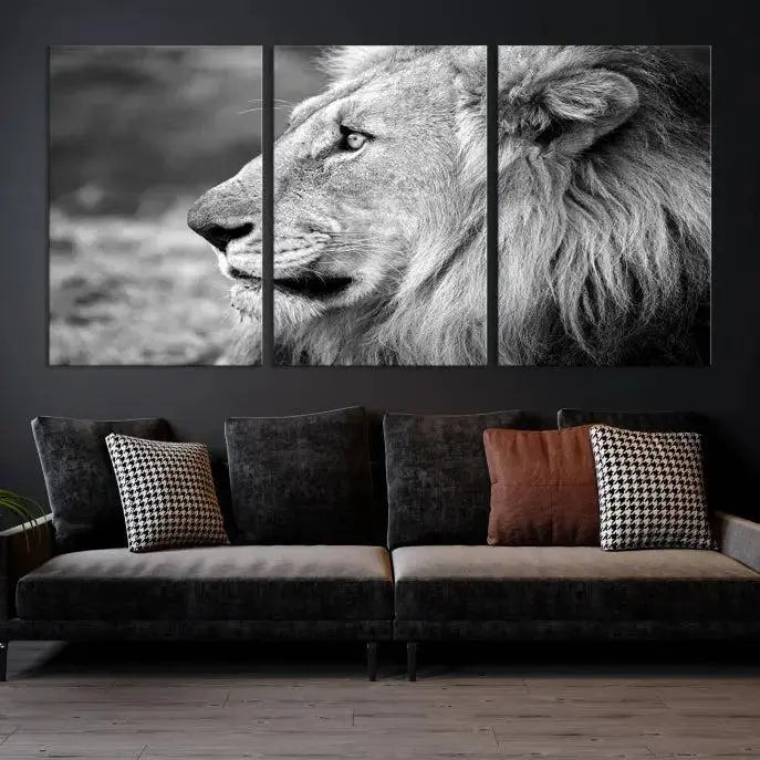 An African Lion Wall Art Canvas Print, featuring a black and white triptych of the lion's profile, is displayed above the modern couch.